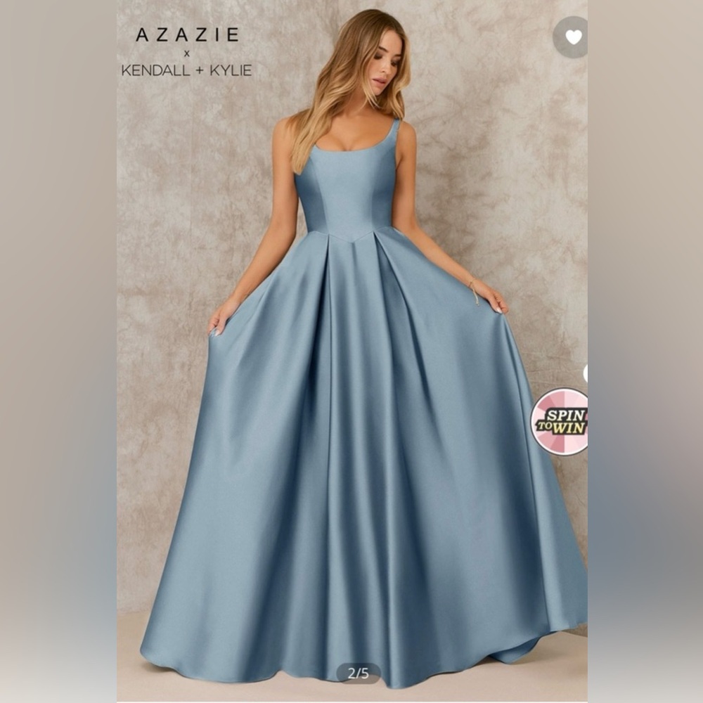 AZAZIE X KENDALL/KYLIE A-Line Basque Pleated Dusty Blue Satin Floor-Length Dress